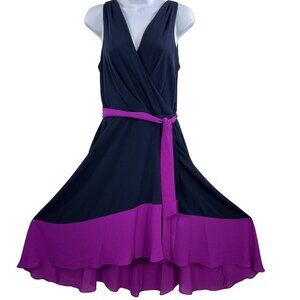 DKNY NWT Womens 12 Colorblock Wrap High Low Midi Dress Ruffel Hem Sleeveless